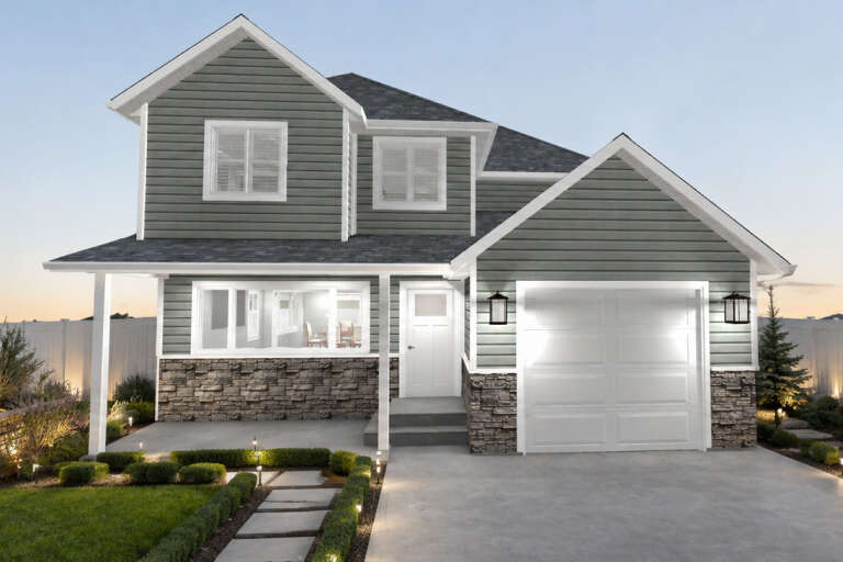 Grey, Front Elevation with stone base, horizontal siding, white trim, lantern sconces, and a lit concrete walkway. House Plan # 2802-00577 Digital Rendering by America's Best House Plans, Inc.