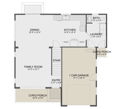 Main Floor: 1BA, Family, Dining, Kitchen, Ldry, 2 Pantries, Entry, 1-car garage, 2 Cvr'd Porches, Stairs. Unheated: garage. House Plan # 2802-00577 Main Floor  Floor Plan Drawing by America's Best House Plans, Inc.