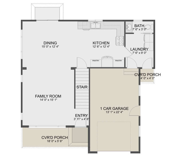 Main Floor: 1BA, Family, Dining, Kitchen, Ldry, 2 Pantries, Entry, 1-car garage, 2 Cvr'd Porches, Stairs. Unheated: garage. House Plan # 2802-00577 Main Floor  Floor Plan Drawing by America's Best House Plans, Inc.