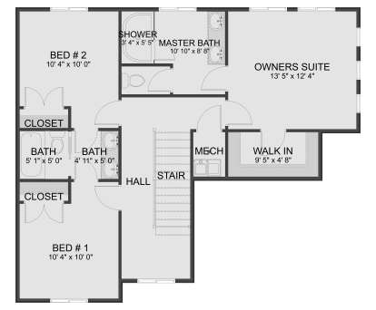 Second Floor: 3BR, 3BA, Owners Suite with WIC, Hall, Stairs, Mech closet. House Plan # 2802-00577 Second Floor Floor Plan Drawing by America's Best House Plans, Inc.