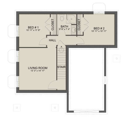 Basement: 2 Bed, 1 Bath, Living Room, Hall, Stairs, 2 Closets. Unheated: exterior foundation/porch areas. House Plan # 2802-00577 Basement Floor Plan Drawing by America's Best House Plans, Inc.