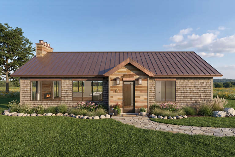 Brown Ranch, Front Elevation with cedar shake siding, metal roof, stone chimney, flagstone path, and lush landscaping. House Plan # 1462-00237 Digital Rendering by America's Best House Plans, Inc.