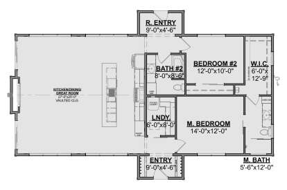 Main Floor: 2BR, 2BA, Vaulted Great Room, Kitchen, Dining, Ldry, WIC, 2 Entries, Fireplace. Unheated: 2 Entry porches. House Plan # 1462-00237 Main Floor  Floor Plan Drawing by America's Best House Plans, Inc.