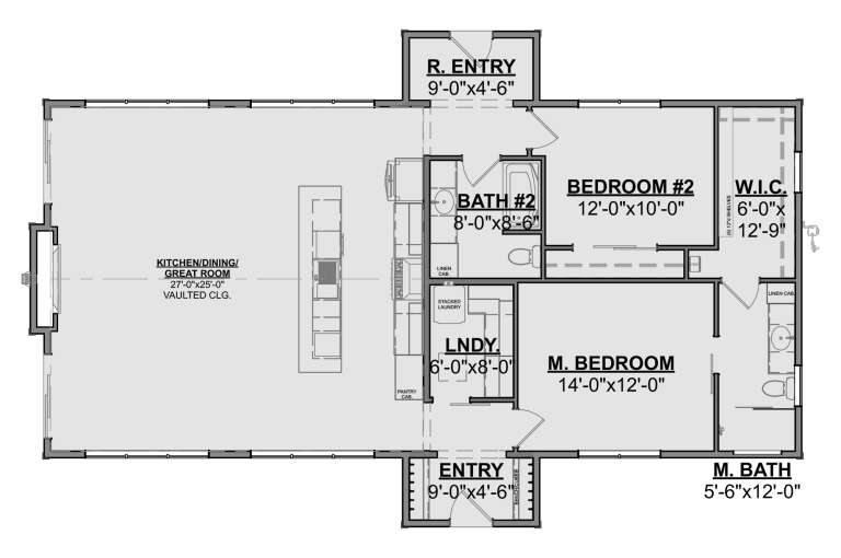 Main Floor: 2BR, 2BA, Vaulted Great Room, Kitchen, Dining, Ldry, WIC, 2 Entries, Fireplace. Unheated: 2 Entry porches. House Plan # 1462-00237 Main Floor  Floor Plan Drawing by America's Best House Plans, Inc.
