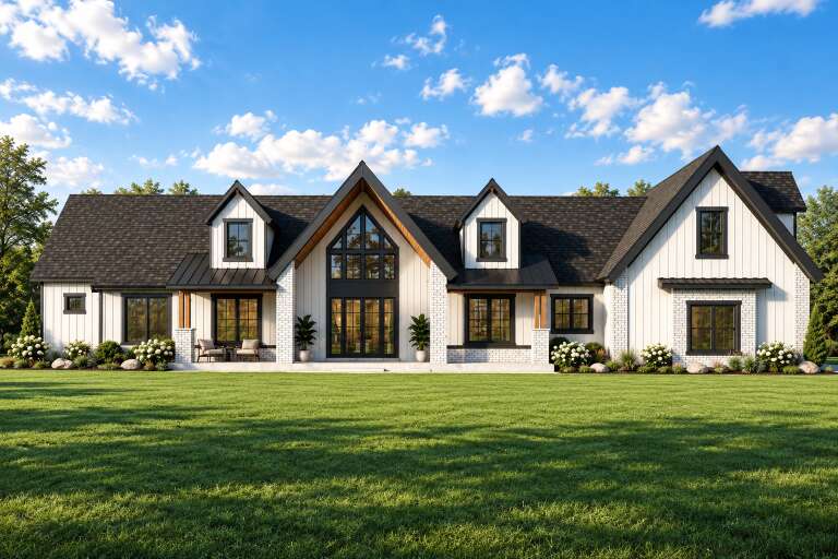 White Modern Transitional, Front Elevation with board-and-batten siding, brick accents, dark roof, and lush landscaping. House Plan # 5032-00489 Digital Rendering by America's Best House Plans, Inc.