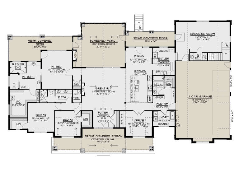 Main Floor: 3BR, 2.5BA, Great Rm, Kitchen, Dining, Office, Exercise Rm, 3-car garage, WIC, Ldry, porches, decks, cathedral. House Plan # 5032-00489 Main Floor  Floor Plan Drawing by America's Best House Plans, Inc.