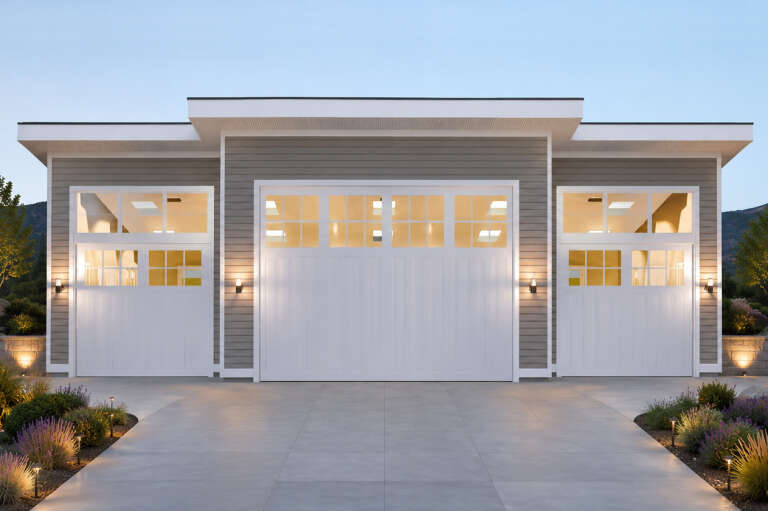 Grey Contemporary Front Elevation, horizontal siding, white carriage garage doors, wall sconces, and landscaped driveway. House Plan # 2802-00578 Digital Rendering by America's Best House Plans, Inc.