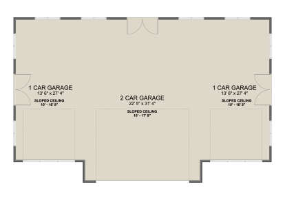 Garage Floor: 4-car garage total, two 1-car bays, one 2-car bay, sloped ceilings throughout, unheated space. House Plan # 2802-00578 Garage Floor Floor Plan Drawing by America's Best House Plans, Inc.