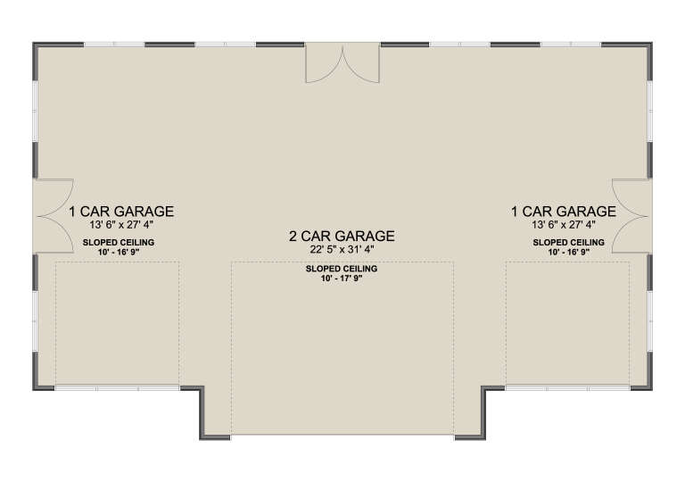 Garage Floor: 4-car garage total, two 1-car bays, one 2-car bay, sloped ceilings throughout, unheated space. House Plan # 2802-00578 Garage Floor Floor Plan Drawing by America's Best House Plans, Inc.