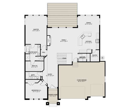 Main Floor: 2BR, 2BA, Family, Kitchen, Dining, Pantry, Ldry, 3-car garage, WIC, stairs, fireplace, covered porch, deck. House Plan # 2802-00579 Main Floor  Floor Plan Drawing by America's Best House Plans, Inc.