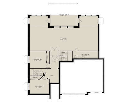 Basement: 2BR, 1BA, large Family room, Mechanical room, 2 closets, stairs, covered porch. Unheated: porch area. House Plan # 2802-00579 Basement Floor Plan Drawing by America's Best House Plans, Inc.