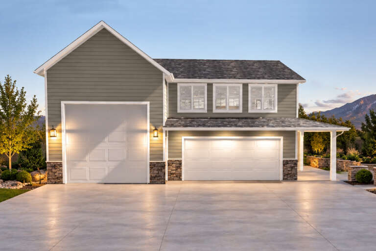 Taupe Traditional Front Elevation, lap siding, stone veneer base, white garage doors, lantern sconces, concrete driveway. House Plan # 2802-00580 Digital Rendering by America's Best House Plans, Inc.
