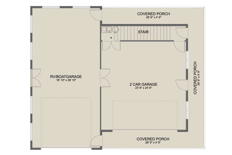 Garage Floor: RV/Boat garage, 2-car garage, stairs, half bath, 3 covered porches. Unheated: all garage and porch areas. House Plan # 2802-00580 Garage Floor Floor Plan Drawing by America's Best House Plans, Inc.
