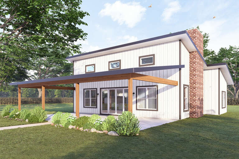 White Modern, Angled Front Elevation, vertical siding, brick chimney, wood-beam porch, patio, and lush landscaping. House Plan # 3822-00028 Digital Rendering by America's Best House Plans, Inc.
