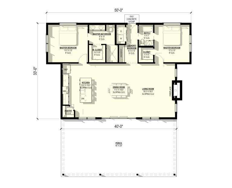 Main Floor: 2BR, 2BA, Kitchen, Dining, Living, Ldry/Mud, Pantry, WIC. Fireplace, Porch, 9' ceilings, sloping ceilings. House Plan # 3822-00028 Main Floor  Floor Plan Drawing by America's Best House Plans, Inc.