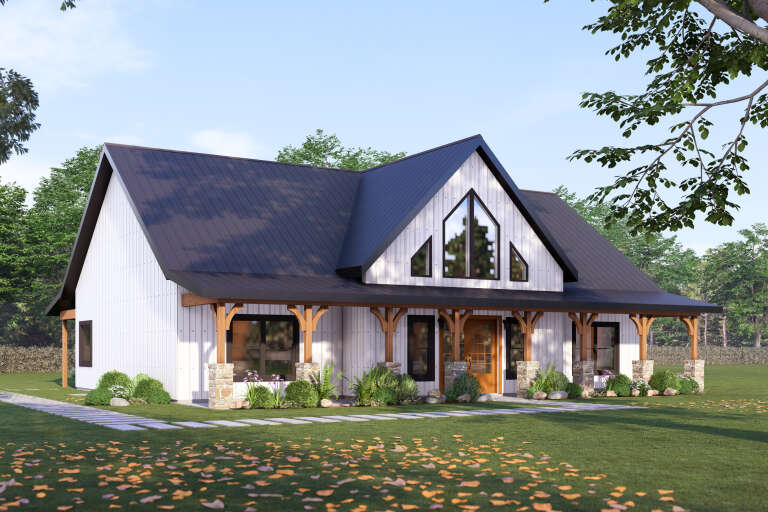White Modern Farmhouse, Angled Front Elevation, board-and-batten siding, stone base, timber porch, and stone paver path. House Plan # 3822-00029 Digital Rendering by America's Best House Plans, Inc.