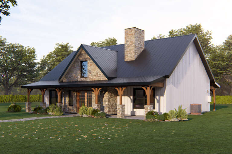 White Modern Farmhouse, Angled Front Elevation, stone facade, metal roof, timber porch brackets, and lush landscaping. House Plan # 3822-00029 Digital Rendering by America's Best House Plans, Inc.