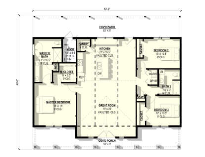 Main Floor: 3BR, 2BA, Vaulted Great Room & Kitchen, Pantry, Ldry, WIC, Cov'd Porch & Patio. 9' ceilings. Unheated: porches. House Plan # 3822-00029 Main Floor  Floor Plan Drawing by America's Best House Plans, Inc.