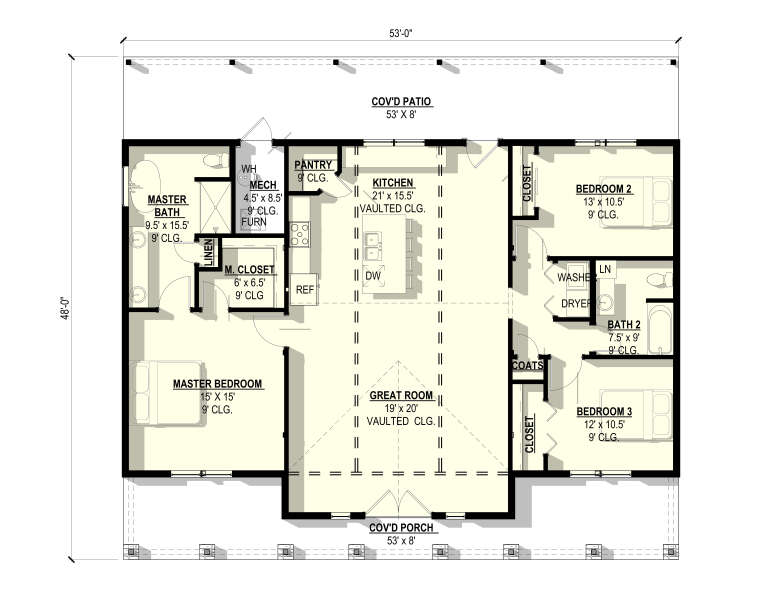 Main Floor: 3BR, 2BA, Vaulted Great Room & Kitchen, Pantry, Ldry, WIC, Cov'd Porch & Patio. 9' ceilings. Unheated: porches. House Plan # 3822-00029 Main Floor  Floor Plan Drawing by America's Best House Plans, Inc.
