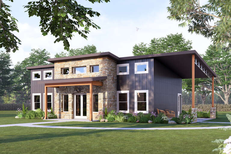 Charcoal Modern, Angled Front Elevation with stone facade, vertical siding, wood accents, and lush garden landscaping. House Plan # 3822-00030 Digital Rendering by America's Best House Plans, Inc.
