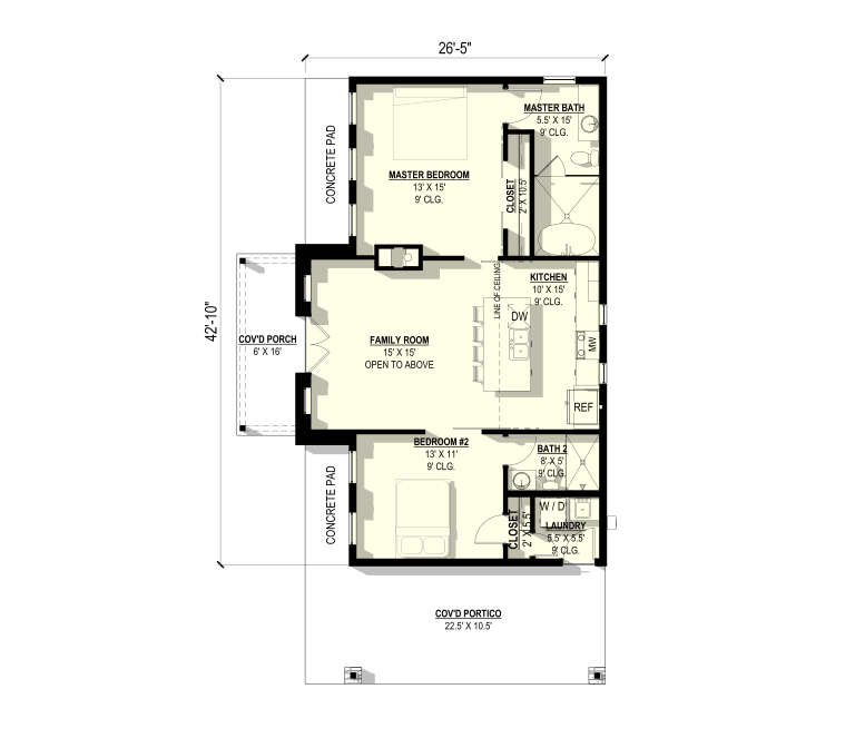 Main Floor: 2BR, 2BA, Kitchen, Family Room (open to above), Ldry. Cov'd Porch, Cov'd Portico, Concrete Pads. 9' ceilings. House Plan # 3822-00030 Main Floor  Floor Plan Drawing by America's Best House Plans, Inc.