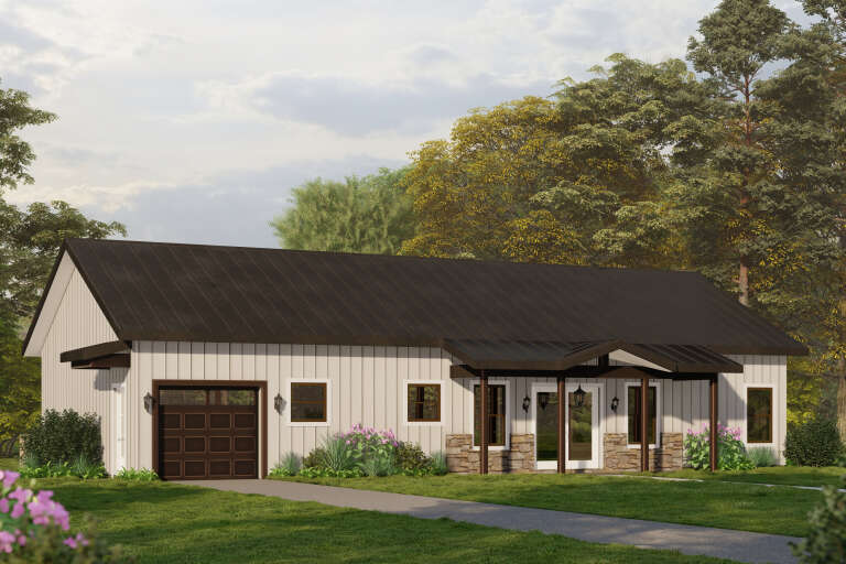 White Modern Farmhouse, Angled Front Elevation, board-and-batten siding, stone base, dark metal roof, and lush landscape. House Plan # 3822-00031 Digital Rendering by America's Best House Plans, Inc.
