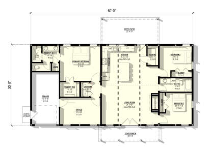 Main Floor: 3BR, 2BA, Office, Vaulted Living/Kitchen, Pantry, Ldry, WIC, 1-car garage, Cov'd Patio, Cov'd Porch, 9' ceilings. House Plan # 3822-00031 Main Floor  Floor Plan Drawing by America's Best House Plans, Inc.