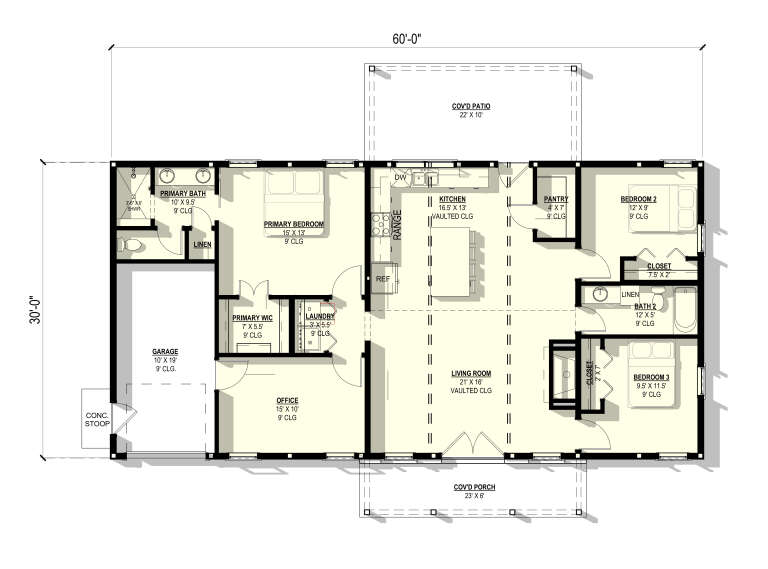 Main Floor: 3BR, 2BA, Office, Vaulted Living/Kitchen, Pantry, Ldry, WIC, 1-car garage, Cov'd Patio, Cov'd Porch, 9' ceilings. House Plan # 3822-00031 Main Floor  Floor Plan Drawing by America's Best House Plans, Inc.