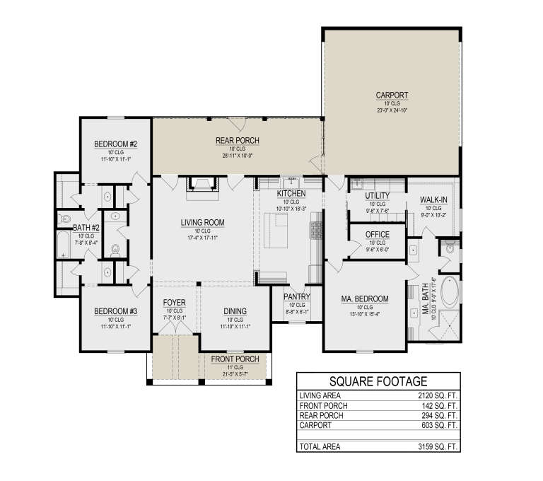 Main Floor: 3BR, 2.5BA, Living, Dining, Kitchen, Office, Pantry, Ldry, Carport, Front/Rear Porches, 10' ceilings, Fireplace. House Plan # 2473-00017 Main Floor  Floor Plan Drawing by America's Best House Plans, Inc.
