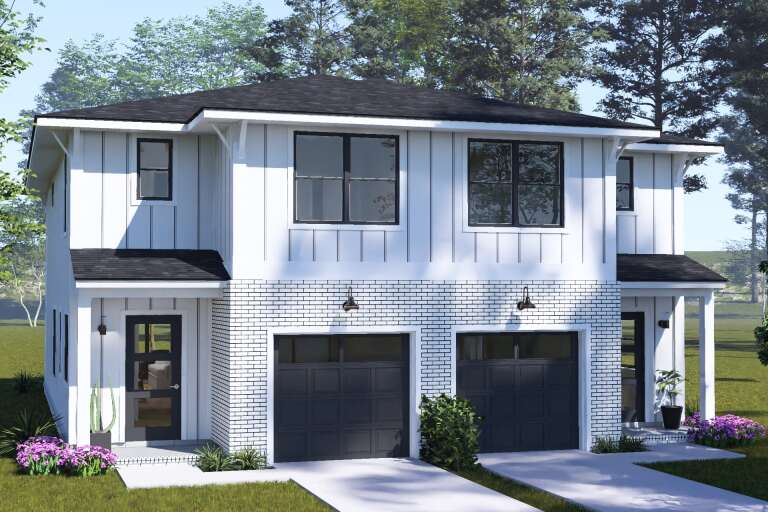 White Contemporary, Angled Front Elevation, board-and-batten siding, white brick base, black garage doors, wall sconces. House Plan # 4848-00630 Digital Rendering by America's Best House Plans, Inc.