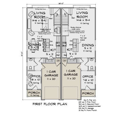 Main Floor: Duplex, 1BR/1BA/Office per unit, Living, Kitchen, Pantry, Study Alcove, 1-car garage, Porch, 9' ceilings. House Plan # 4848-00630 Main Floor  Floor Plan Drawing by America's Best House Plans, Inc.