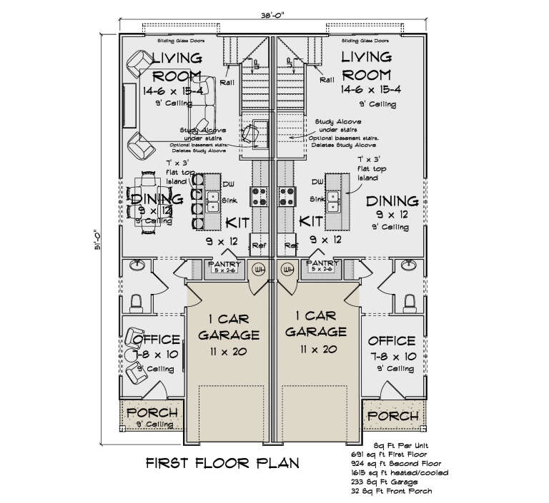 Main Floor: Duplex, 1BR/1BA/Office per unit, Living, Kitchen, Pantry, Study Alcove, 1-car garage, Porch, 9' ceilings. House Plan # 4848-00630 Main Floor  Floor Plan Drawing by America's Best House Plans, Inc.