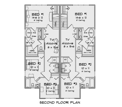 Second Floor: 6BR, 4BA, 2 TV Alcoves, 2 Ldry, 2 Stairs, WIC, Linen closets. 8' ceilings throughout. Duplex floor plan. House Plan # 4848-00630 Second Floor Floor Plan Drawing by America's Best House Plans, Inc.