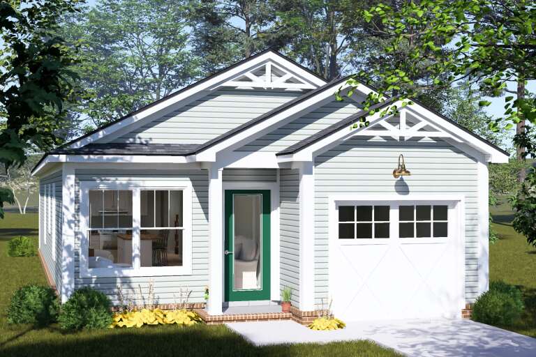 Light blue Traditional, Angled Front Elevation, lap siding, green door, white garage, gable trusses, and brick foundation. House Plan # 4848-00631 Digital Rendering by America's Best House Plans, Inc.