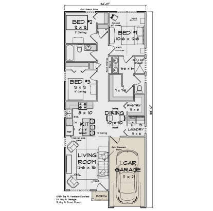 Main Floor: 3BR, 2BA, Living, Kitchen, Dining, Ldry, Pantry, 1-car garage, Porch, stairs. Vaulted ceilings in BR1, Living. House Plan # 4848-00631 Main Floor  Floor Plan Drawing by America's Best House Plans, Inc.
