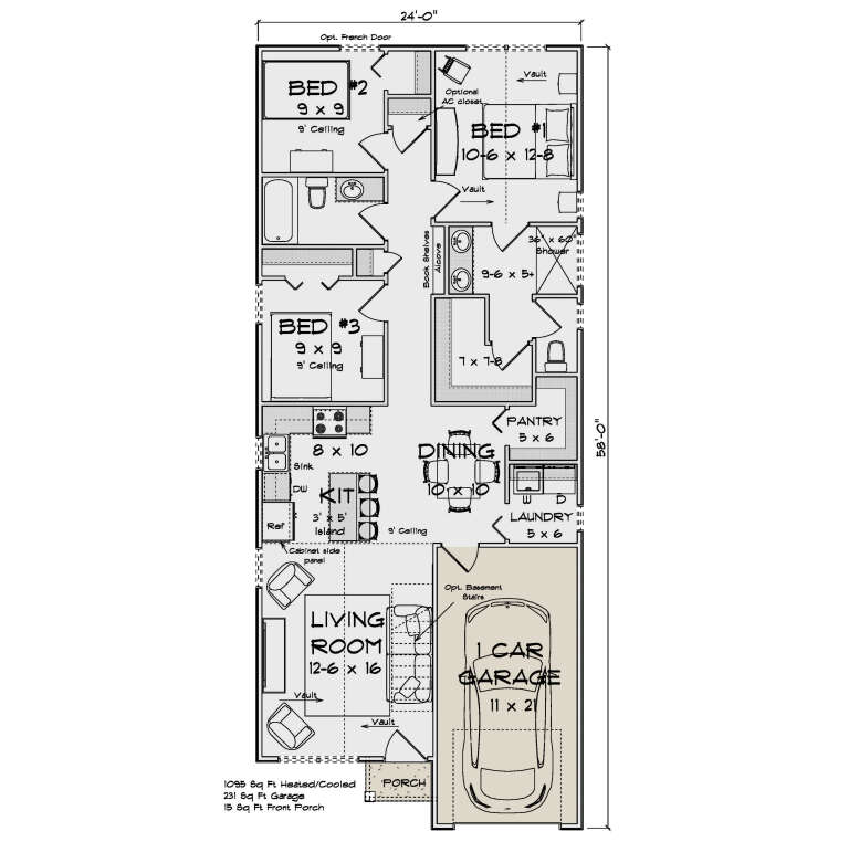 Main Floor: 3BR, 2BA, Living, Kitchen, Dining, Ldry, Pantry, 1-car garage, Porch, stairs. Vaulted ceilings in BR1, Living. House Plan # 4848-00631 Main Floor  Floor Plan Drawing by America's Best House Plans, Inc.