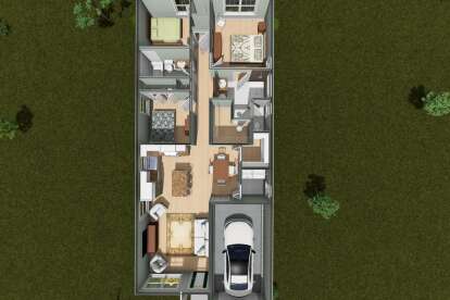 Overhead Main Floor: 3BR, 2BA, Kitchen, Dining, Living, Ldry, 1-car garage, WIC. Unheated: garage area. House Plan # 4848-00631 Overhead Main Floor Floor Plan Drawing by America's Best House Plans, Inc.