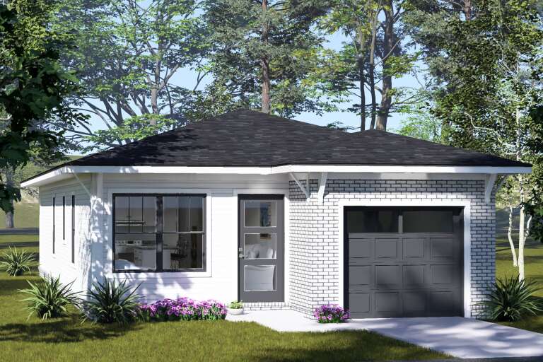White Contemporary, Angled Front Elevation, brick and lap siding, dark garage door, glass front door, floral landscaping. House Plan # 4848-00632 Digital Rendering by America's Best House Plans, Inc.