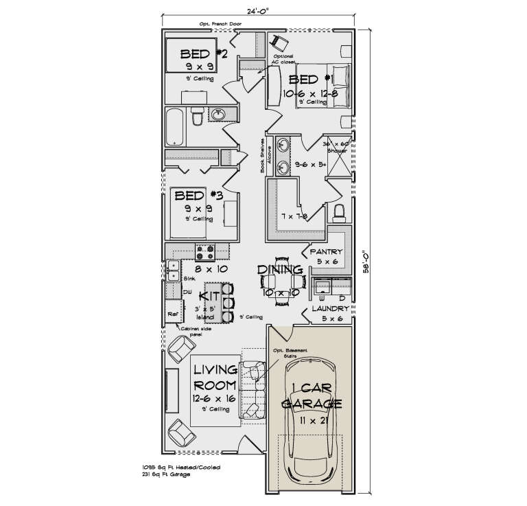 Main Floor: 3BR, 2BA, Living, Kitchen, Dining, Pantry, Ldry, 1-car garage, basement stairs. 9' ceilings throughout. House Plan # 4848-00632 Main Floor  Floor Plan Drawing by America's Best House Plans, Inc.