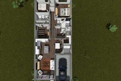 Overhead Main Floor: 3BR, 2BA, Kitchen, Dining, Living, Ldry, 1-car garage, WIC in primary suite. Unheated: garage area. House Plan # 4848-00632 Overhead Main Floor Floor Plan Drawing by America's Best House Plans, Inc.