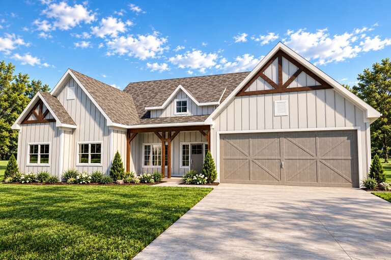 White Modern Farmhouse, Angled Front Elevation, board-and-batten siding, wood gables, concrete driveway, lush landscaping. House Plan # 3532-00002 Digital Rendering by America's Best House Plans, Inc.