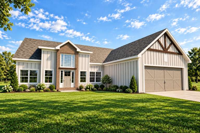 Grey Modern Transitional, Angled Front Elevation, board-and-batten siding, brick accents, wood garage, lush landscaping. House Plan # 3532-00003 Digital Rendering by America's Best House Plans, Inc.