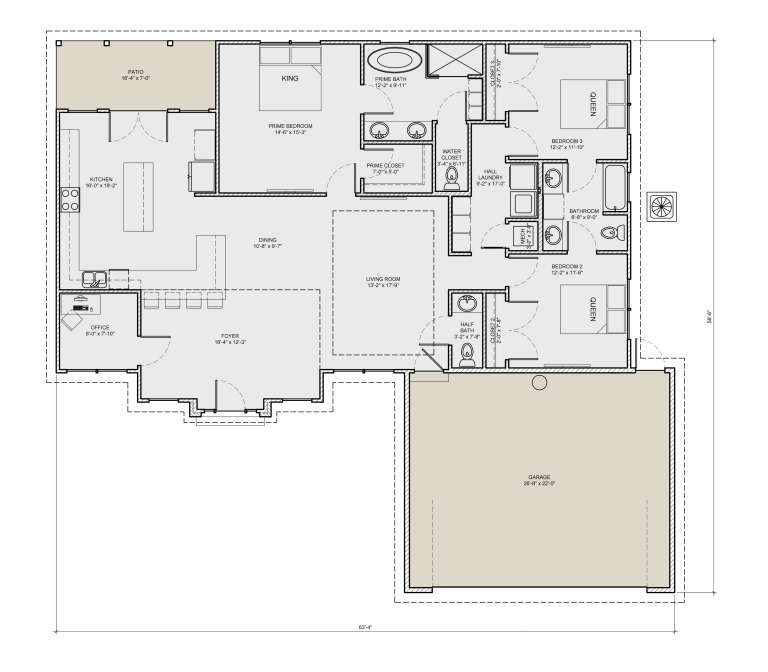Main Floor: 3BR, 2.5BA, Kitchen, Dining, Living, Office, Ldry, 2-car garage, Patio. WICs. Unheated: garage, patio. House Plan # 3532-00003 Main Floor Floor Plan Drawing by America's Best House Plans, Inc.
