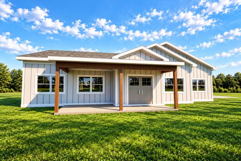 Grey Country, Angled Front Elevation with board-and-batten siding, wooden porch posts, concrete floor, and double doors. House Plan # 3532-00004 Digital Rendering by America's Best House Plans, Inc.