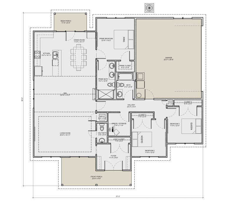 Main Floor: 3BR, 2.5BA, Kitchen, Dining, Living, Den, Office, 2-car garage, Front/Rear Porches, WIC, Mech room, Coat closet. House Plan # 3532-00004 Main Floor Floor Plan Drawing by America's Best House Plans, Inc.