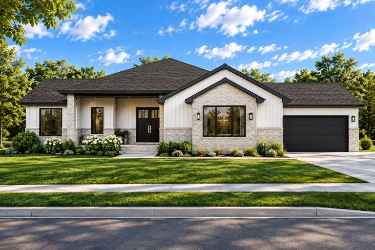 White Contemporary, Front Elevation, brick and vertical siding, black accents, lush landscaping, and concrete driveway. House Plan # 7140-00024 Digital Rendering by America's Best House Plans, Inc.