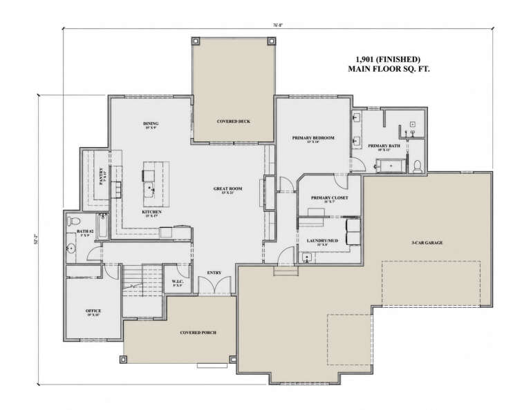 Main Floor: 1BR, 2BA, Great Room, Kitchen, Dining, Office, Ldry/Mud, WIC, 3-car garage, Covered Deck, Covered Porch, Stairs. House Plan # 7140-00024 Main Floor  Floor Plan Drawing by America's Best House Plans, Inc.