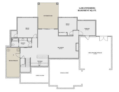Basement: 2 BR, 1 BA, Rec Room, Wet Bar, Stairs, Covered Patio, Storage, Mech/Storage, Unexcavated areas. 1,428 finished sq ft. House Plan # 7140-00024 Basement Floor Plan Drawing by America's Best House Plans, Inc.