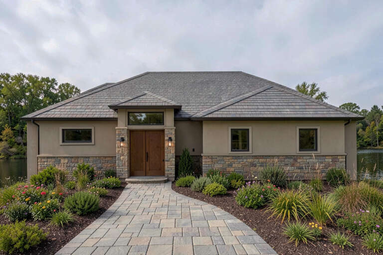 Taupe Contemporary, Front Elevation with stone veneer, wooden double doors, lantern lights, and paver walkway by the lake. House Plan # 4440-00020 Digital Rendering by America's Best House Plans, Inc.