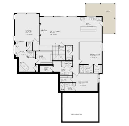 Basement: 3BR, 3.5BA, Entertaining area, Bar, Storm room, Ldry, WIC, stairs, Patio. Unheated: Unexcavated area. 9'8" ceilings. House Plan # 4440-00020 Basement Floor Plan Drawing by America's Best House Plans, Inc.